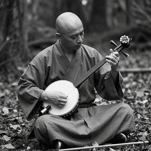 Bald Man Playing Shamisen in Forest