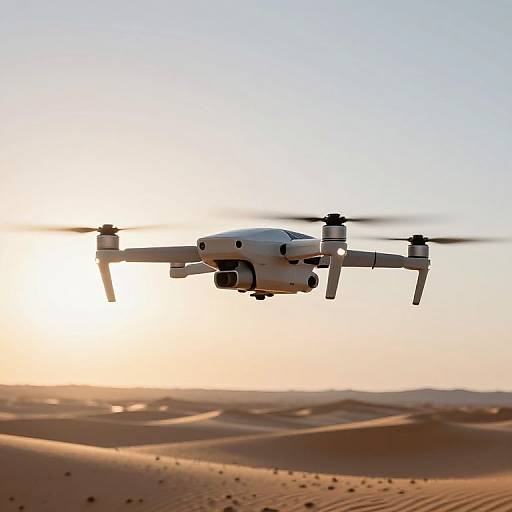 Photograph of a white drone flying over a desert landscape at sunset, with golden sand dunes and a clear sky.