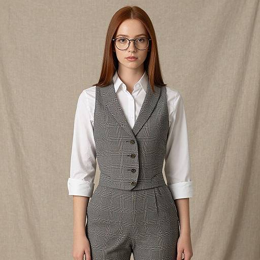 Photograph of a young woman with straight brown hair, wearing black-rimmed glasses, white shirt, and gray checkered vest and pants. She