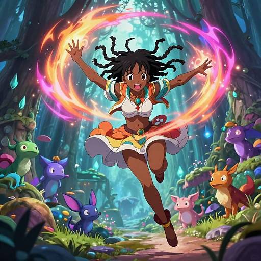 Anime-style digital illustration of a dark-skinned, curly-haired girl with a white and yellow outfit, joyfully casting a vibrant, circular fire spell in