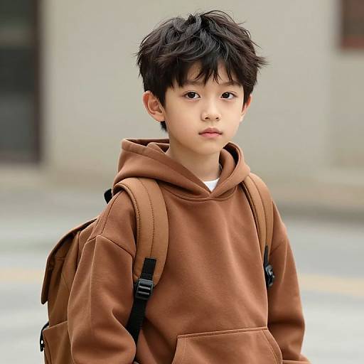 Photograph of an Asian boy with short black hair, wearing a brown hoodie and backpack, standing outdoors with a blurred background.
