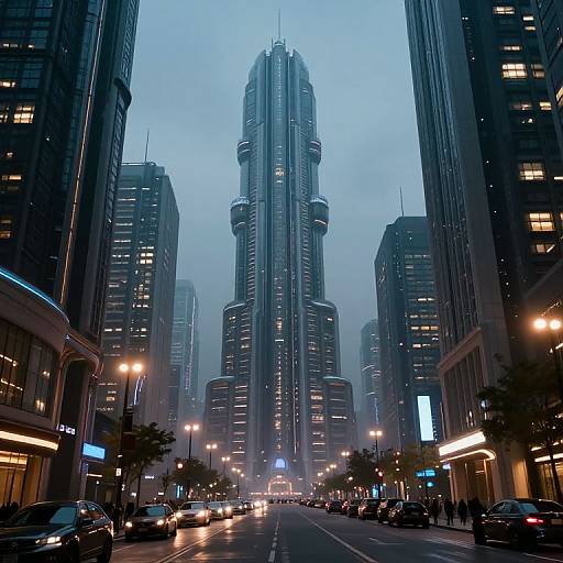 Photograph of a futuristic city skyline at dusk, featuring a towering, blue-lit skyscraper flanked by dark, modern buildings, with cars and