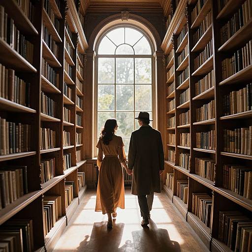 Photograph of a couple holding hands, walking away from a sunlit window in a dimly lit, wooden library with tall bookshelves on both