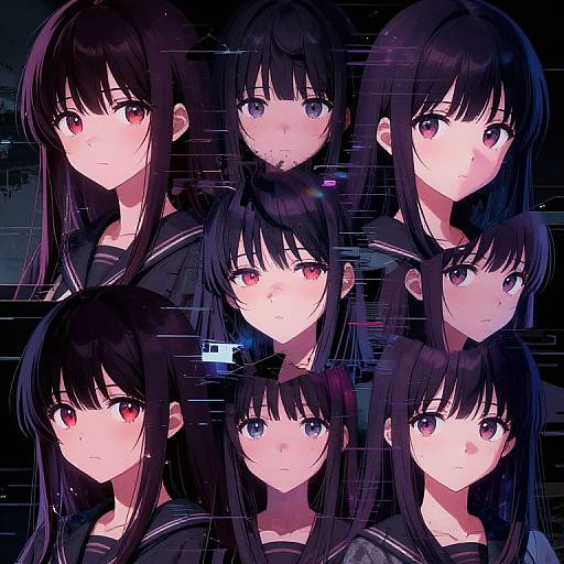 Digital anime-style artwork featuring nine close-up portraits of a black-haired, red-eyed girl with varying expressions, wearing a school uniform, set against a dark