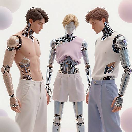 Photorealistic CGI of three male humanoid robots with exposed metallic joints, wearing white and blue pants, standing against a white background. One has a pink
