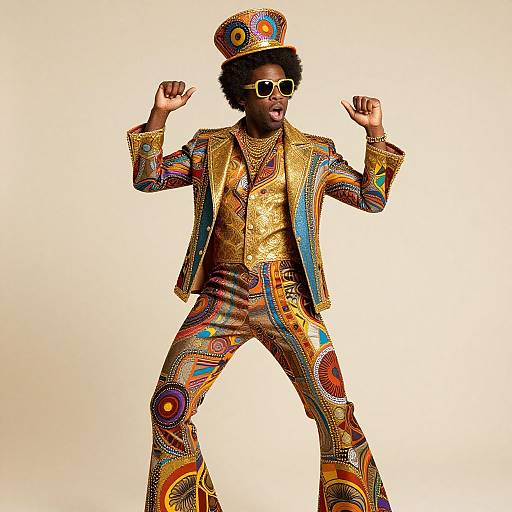 Photograph of a confident Black man in a vibrant, psychedelic 1970s-style suit, hat, and sunglasses, striking a dynamic pose.