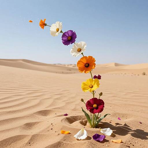 Photograph of a desert with sand dunes, featuring a trail of colorful flowers (white, purple, orange, yellow, red) curving upward