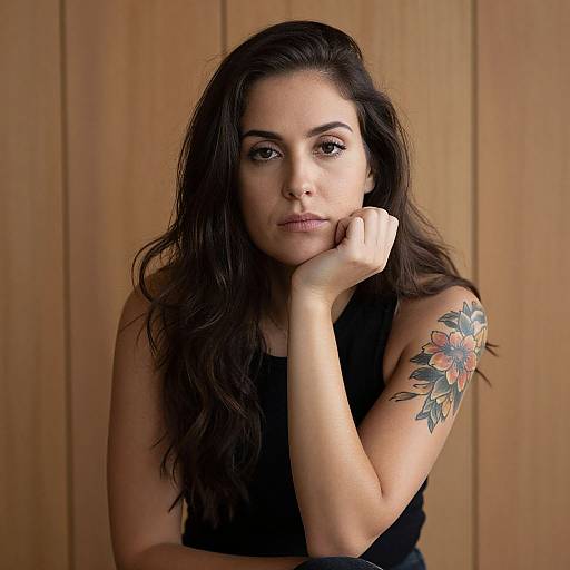 Photograph of a pensive woman with long dark hair, black sleeveless top, and colorful floral tattoo on her right arm, resting her chin on