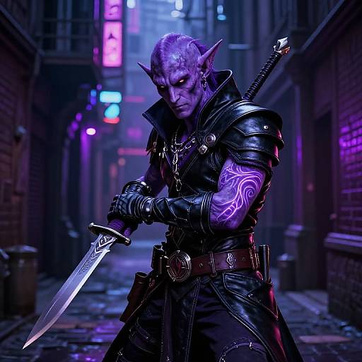 Digital artwork of a purple-skinned, muscular elven warrior with glowing tattoos, wielding a sword in a neon-lit, cyberpunk alley.