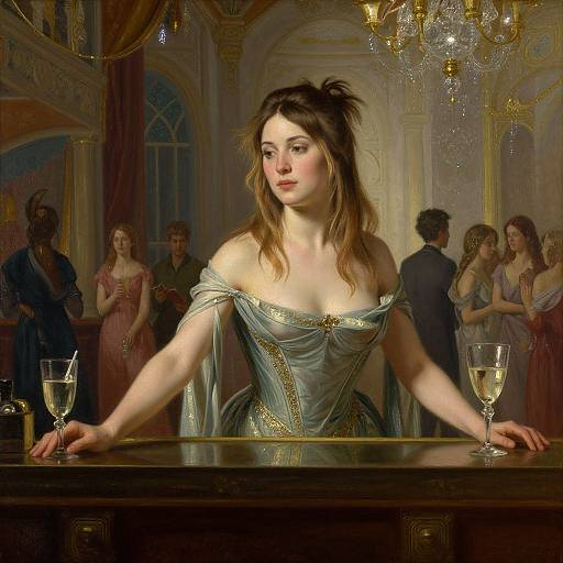 Digital painting of a fair-skinned, brown-haired woman in an off-shoulder, green gown, leaning on a bar with champagne glasses, in
