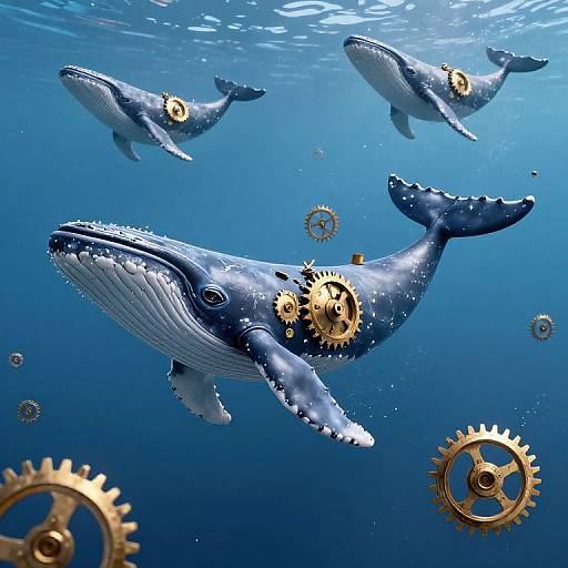 Digital artwork of three blue whales with mechanical gears embedded in their bodies, floating in a deep blue ocean.