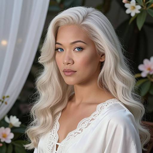 Photograph of a beautiful woman with long, wavy platinum blonde hair, blue eyes, and fair skin, wearing a white lace-trimmed blouse