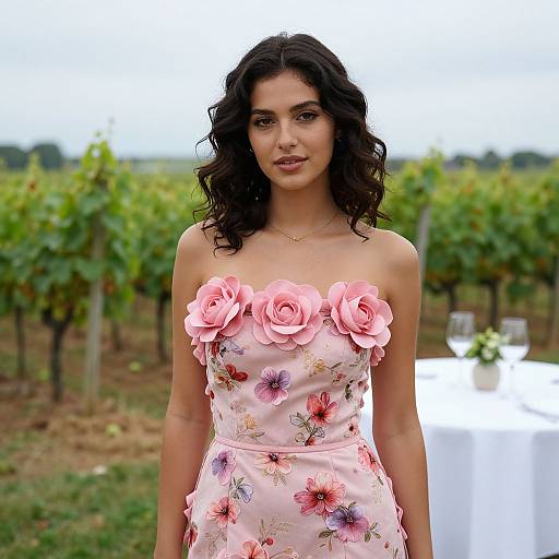 Young Woman in Floral Dress at Vineyard