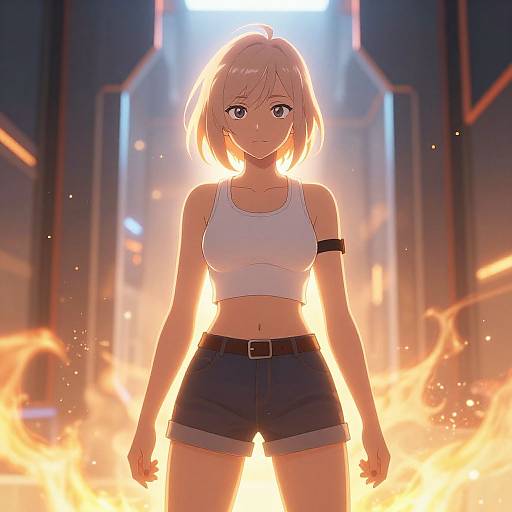 Digital anime artwork of a blonde girl with blue eyes, wearing a white crop top and black shorts, standing in front of a blazing fire, with futuristic