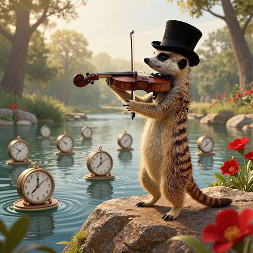 Photorealistic CGI of a meerkat in a black top hat playing a violin, standing on a rock in a serene garden pond with floating clocks