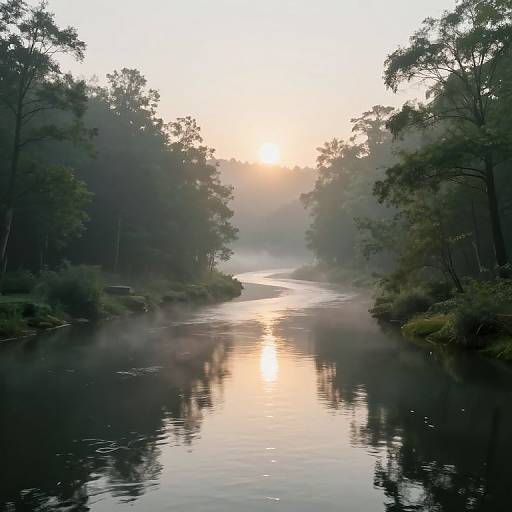 Photograph of a serene, misty river at sunrise, flanked by dense, green trees with reflections on the calm water.