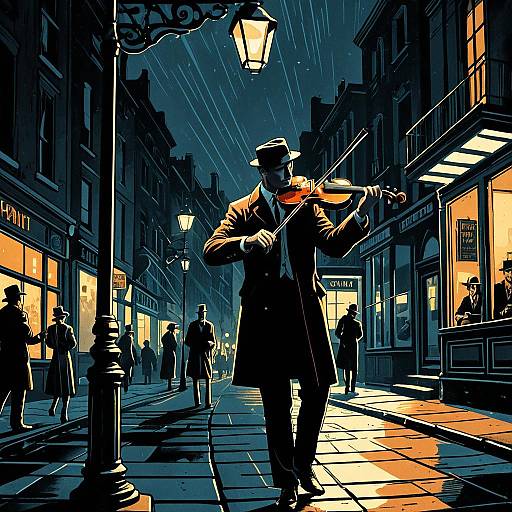 Film Noir Violinist on City Street