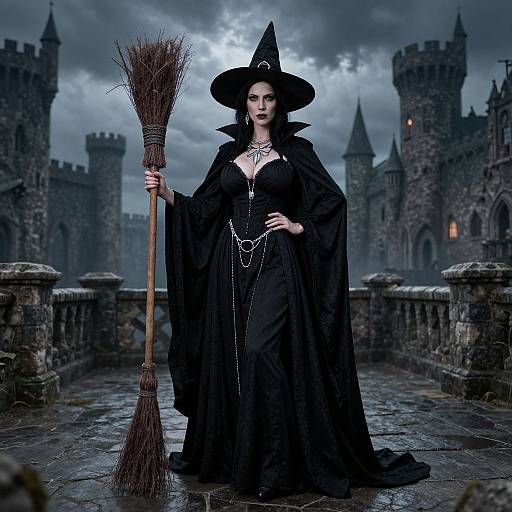 Photograph of a pale-skinned, dark-haired witch in a black gown and hat, holding a broom, standing before a gothic castle.