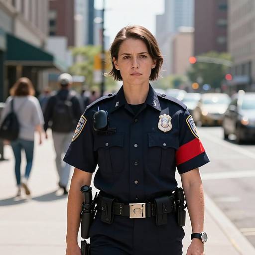 Photograph of a serious, medium-built male police officer with brown hair, wearing a black uniform with red armband, standing on a sunlit