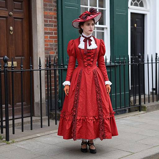 Photograph of a pale-skinned woman in an elaborate Victorian-style red dress and black hat, standing on a city sidewalk.