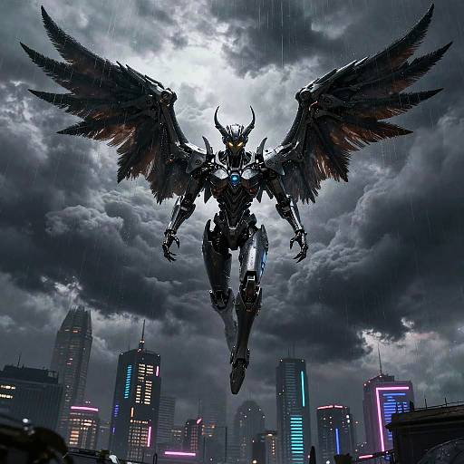 Digital art of a dark, mechanical angel with large black wings flying over a rain-soaked, neon-lit cityscape at night.