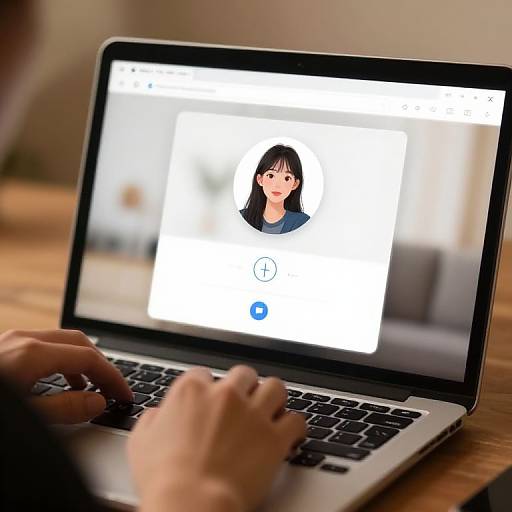 Photograph of hands typing on a laptop displaying an anime-style digital illustration of a girl with black hair and blue shirt on a white background.