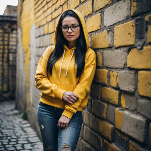 Young Woman in Yellow Hoodie by Brick Wall