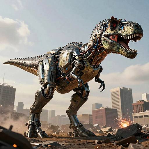 Photorealistic CGI of a robotic, metallic T-Rex with exposed mechanical parts, standing in a destroyed cityscape with shattered buildings and a bright,