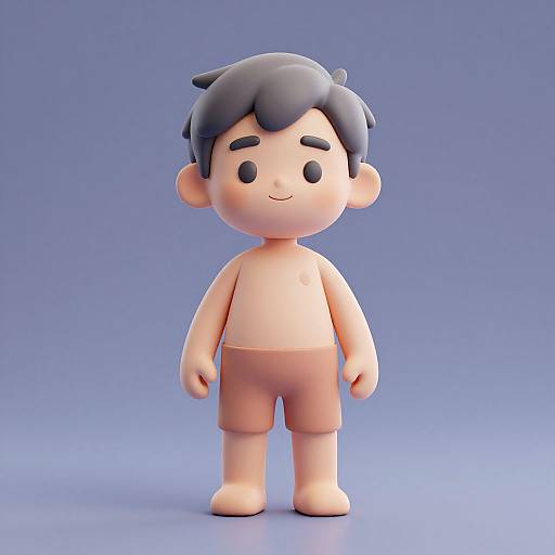 3D cartoon boy with black hair, simple features, smiling, tan skin, wearing brown shorts, standing against blue gradient background.