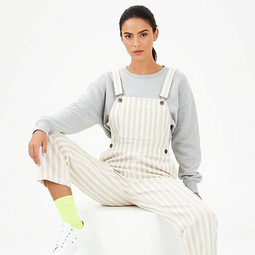 Photograph of a woman with dark hair in a ponytail, wearing white pinstriped overalls over a gray long-sleeve shirt,