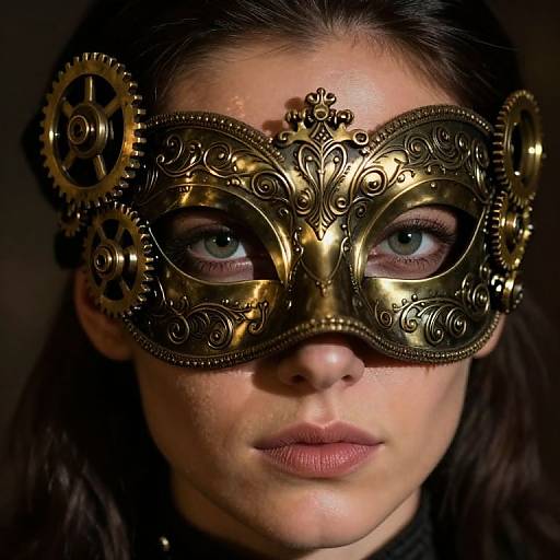 Photograph of a fair-skinned woman with green eyes, wearing an ornate, gold and black, gear-adorned masquerade mask,