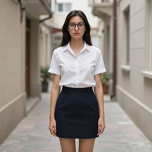 Photograph of an Asian woman with long black hair, wearing black-rimmed glasses, white short-sleeve blouse, and black high-wa