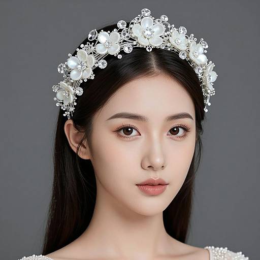 Photograph of an Asian woman with fair skin, black hair, and delicate features, wearing a white floral headband, against a gray background.