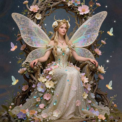 Fantasy illustration of a blonde fairy queen with iridescent wings, wearing a sparkling gown and floral crown, seated on a twisted, flower-adorn
