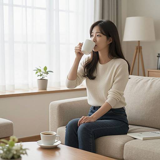 Photograph of an Asian woman with long black hair, wearing a cream knit sweater and blue jeans, sipping from a white cup on a beige sofa