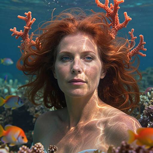 Photograph of a red-haired woman underwater, surrounded by colorful coral and fish, with orange coral branches floating above her head.