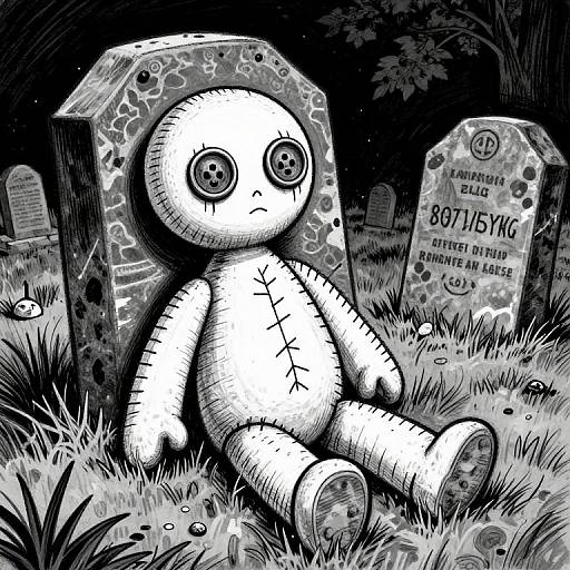 Black-and-white digital drawing of a stitched-up toy doll with large eyes, sitting between two grave markers in a grassy graveyard at night.