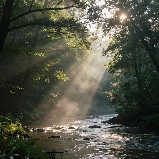 Sunlit forest stream photograph: Sunbeams pierce through dense green foliage, illuminating a flowing, rocky river with shimmering water.