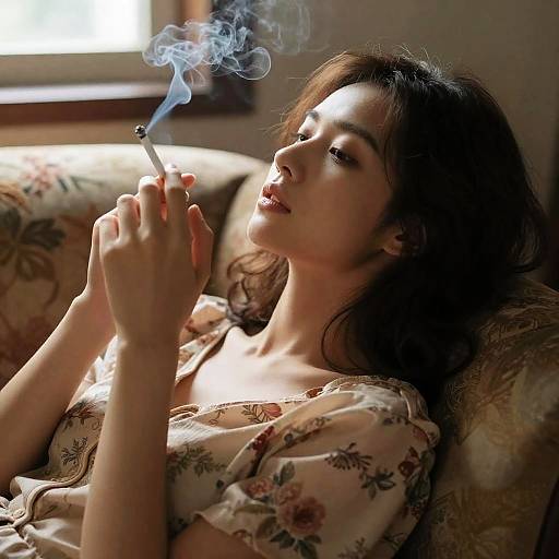 Relaxed Woman on Patterned Couch