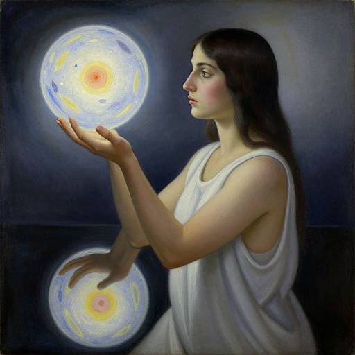 Digital painting of a fair-skinned woman with long black hair, wearing a white sleeveless dress, holding glowing, ethereal circular orbs against a dark