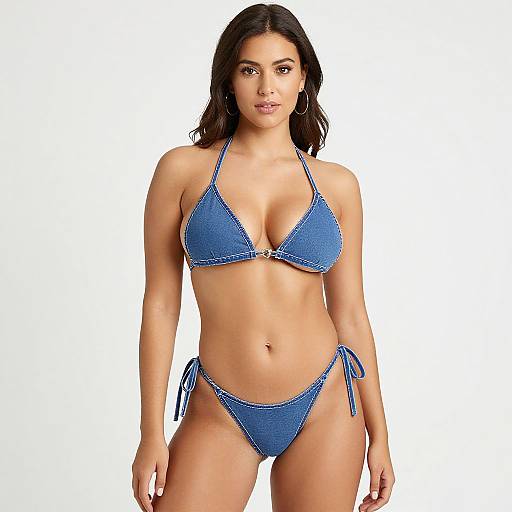 Photograph of a curvy, tan-skinned woman with dark brown hair, wearing a blue crochet bikini, standing against a white background.