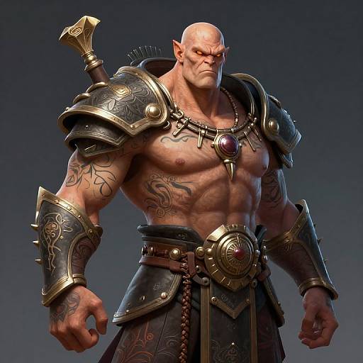 CGI fantasy image of a muscular, bald, tattooed, fierce-looking orc warrior with ornate, dark metallic armor and a stern expression.