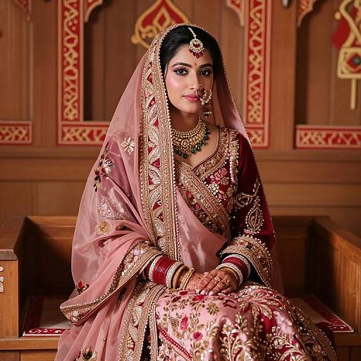 Photograph of an Indian bride in a pink, gold-embroidered sari and veil, adorned with jewelry, seated in a wooden room with