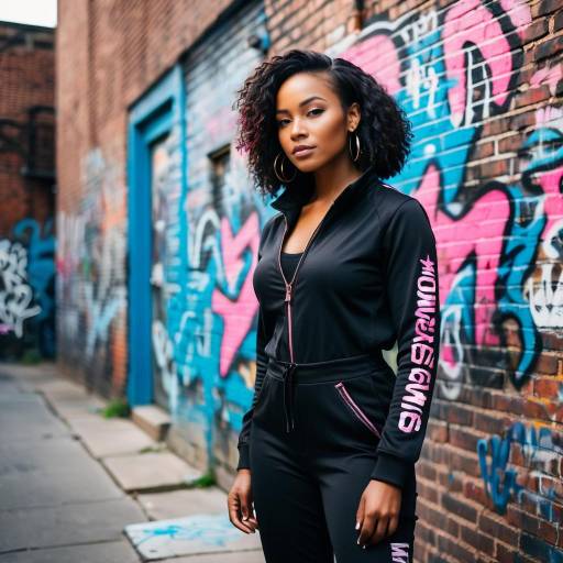 African American Woman in Black Jumpsuit by Graffiti Wall