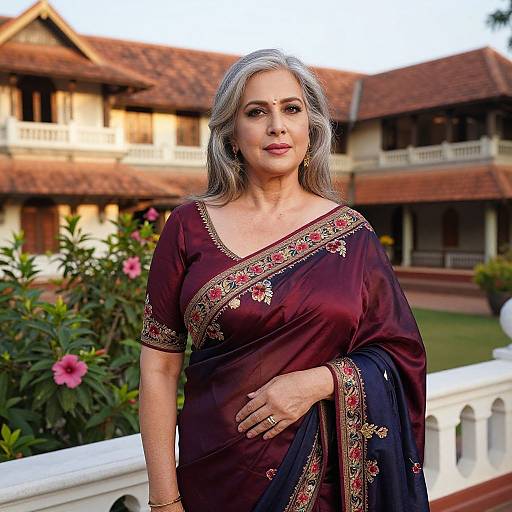 Photograph of a middle-aged Indian woman with silver hair, wearing a maroon saree with gold and red embroidery, standing in front of a traditional
