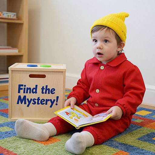 Photograph of a cute toddler in a red onesie and yellow hat, sitting on a colorful rug, reading a book, with a wooden box labeled