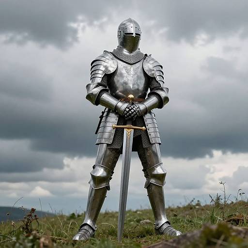 Photograph of a knight in shiny silver armor, standing on grassy field, holding a sword, against a dramatic cloudy sky.
