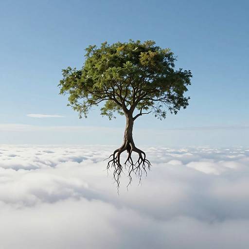 Floating tree with green leaves and visible roots, set against a clear blue sky and fluffy white clouds. Digital artwork.