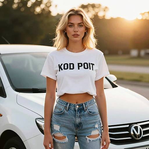 Blonde Woman in Casual Outfit Standing by White Car
