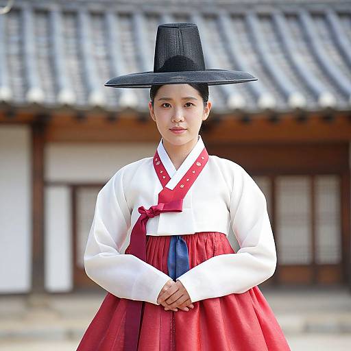 Photograph of a young Asian woman in traditional Korean hanbok, featuring a white top, red skirt, and black hat, standing in front of